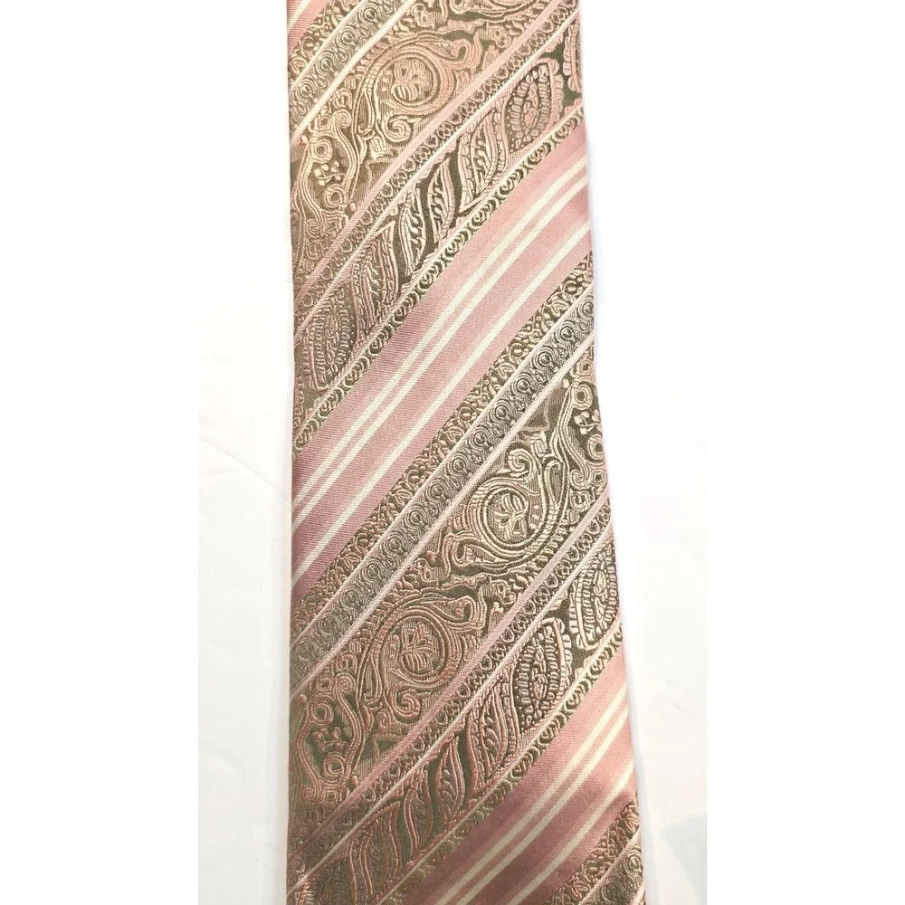 Bruno Pirttelli Silk Tie Pink Gray Paisley Stripe XL Made USA With Pocket Square
